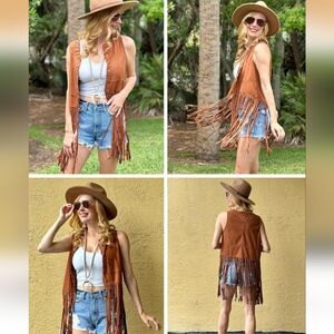 HOTOUCH Faux Suede Fringe Vest Western Boho Brown Sleeveless Hippie Festival XL.